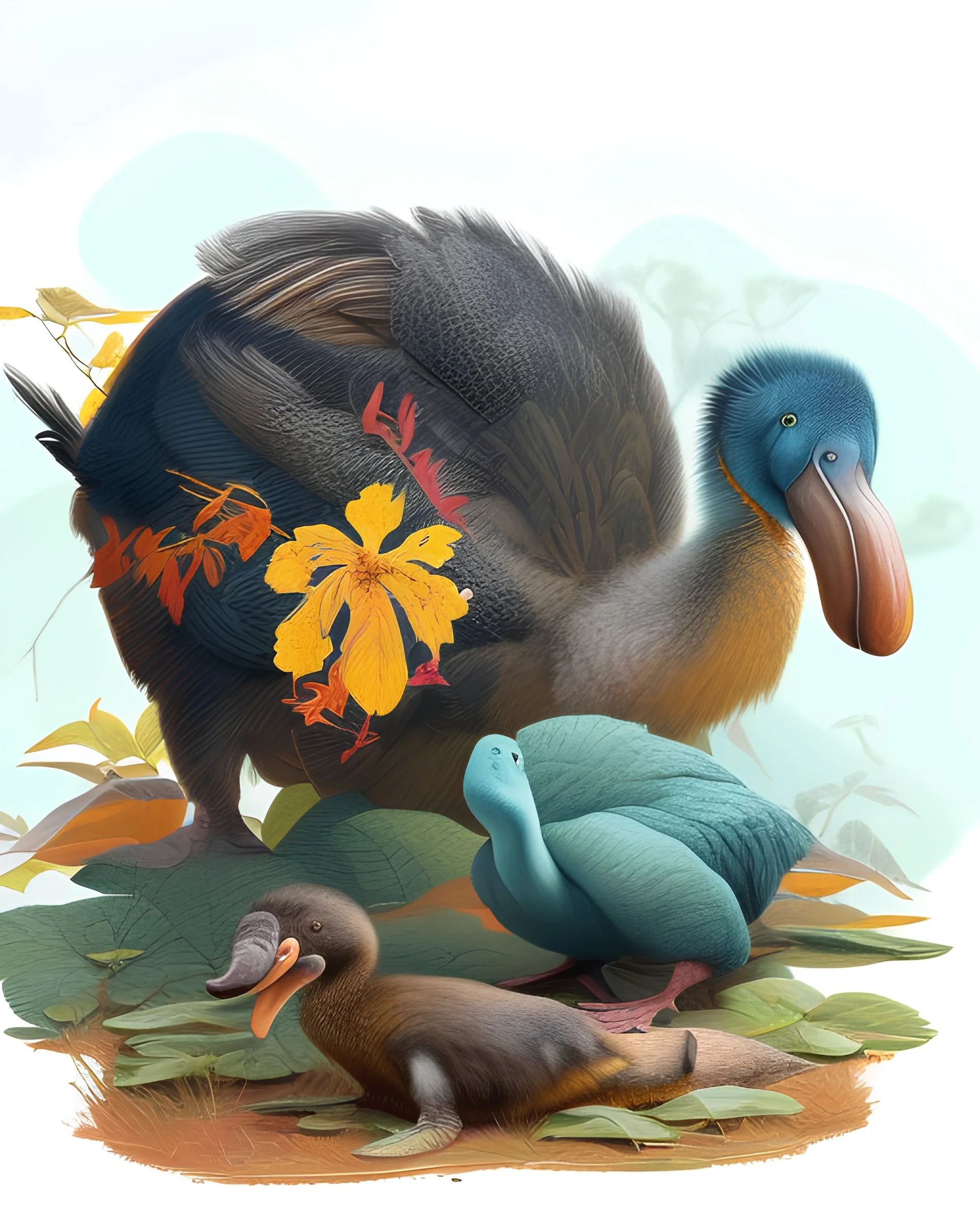 John James Audubon-like illustration of a fully uncropped Dodo bird and a Platypus in a landscape of warm yellows, warm reds, and warm blues