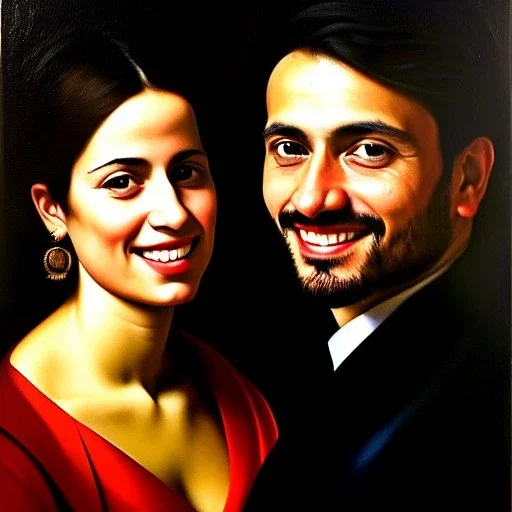 portrait of Jacobo Santiago Mozos born in 1976 and Gemma Arnau Arnau born in 1979,Caravaggio,smiling, oil on canvas, cinematic composition, extreme detail,8k,fit full head inside picture,