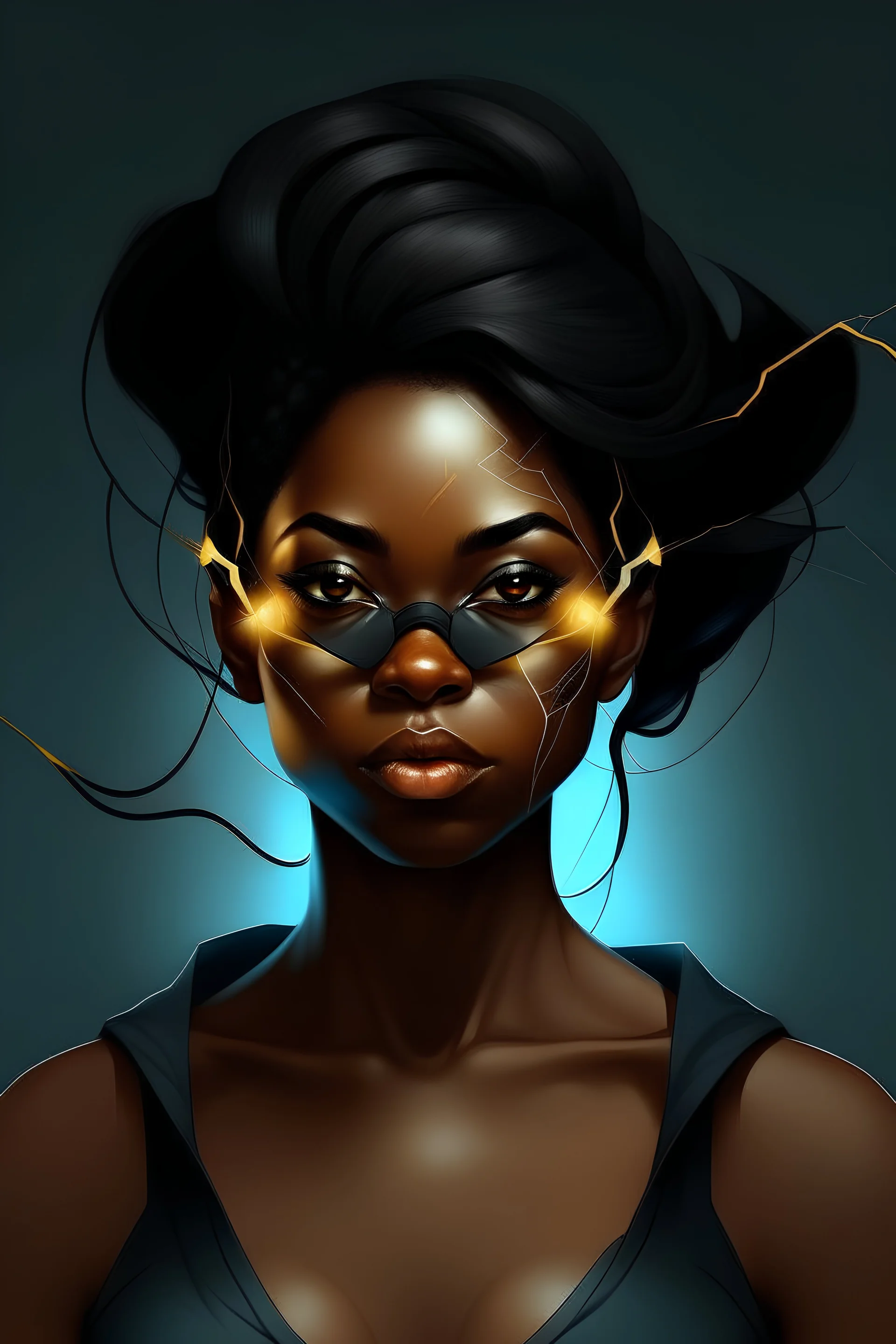 Generate me an image of a dark hair skinny black woman with a bit shorter hair than shoulder length that is a software developer and has a blindfold. she have lightning super powers as well and wearing a mask