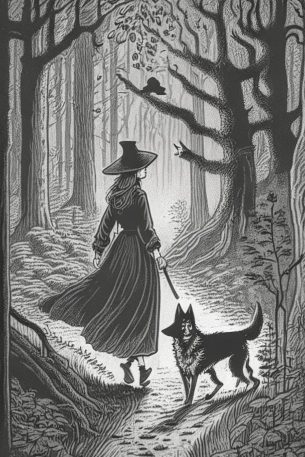 in the style of a Henry Justice Ford drawing, a witch walks through a forest, she is followed by a dog