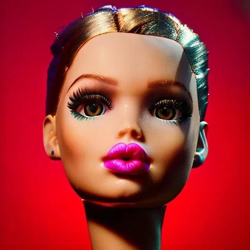 Foto realista. Una Cabeza de muñeca barbie decapitada sin cuerpo. Foto de estudio. Pared de fondo. Gran angular. Simetría. Ultra hd.