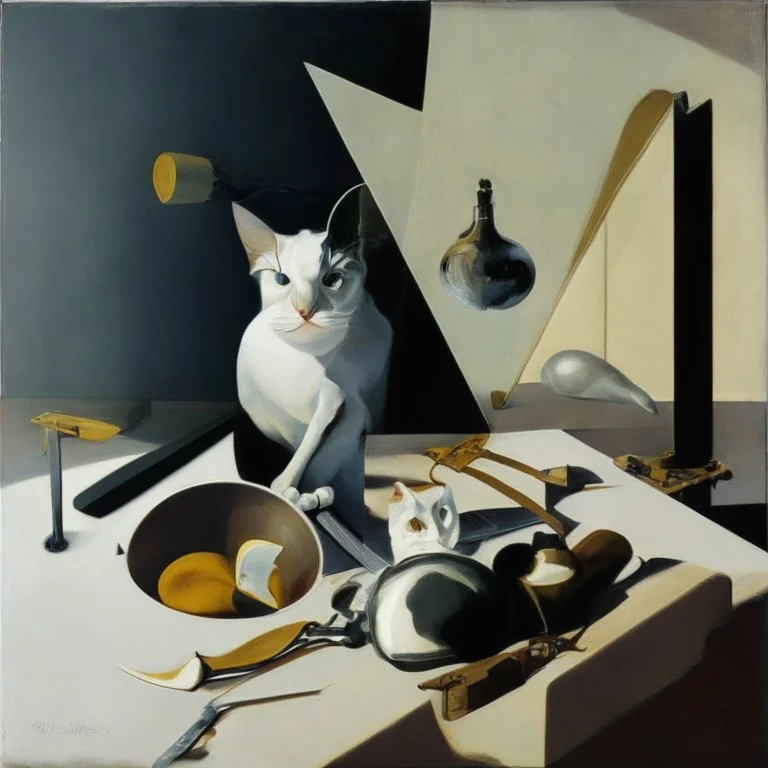 Abstract painting formed by a mix of human flesh-like surgical instruments and universe-like neuralink, a cat looking at a pigeon inside a huge bulb between light and shadow at dusk,surrealism,minimalism,Painting By Adrian Ghenie, Rene Magritte, Salvador Dali, Lucian Freud