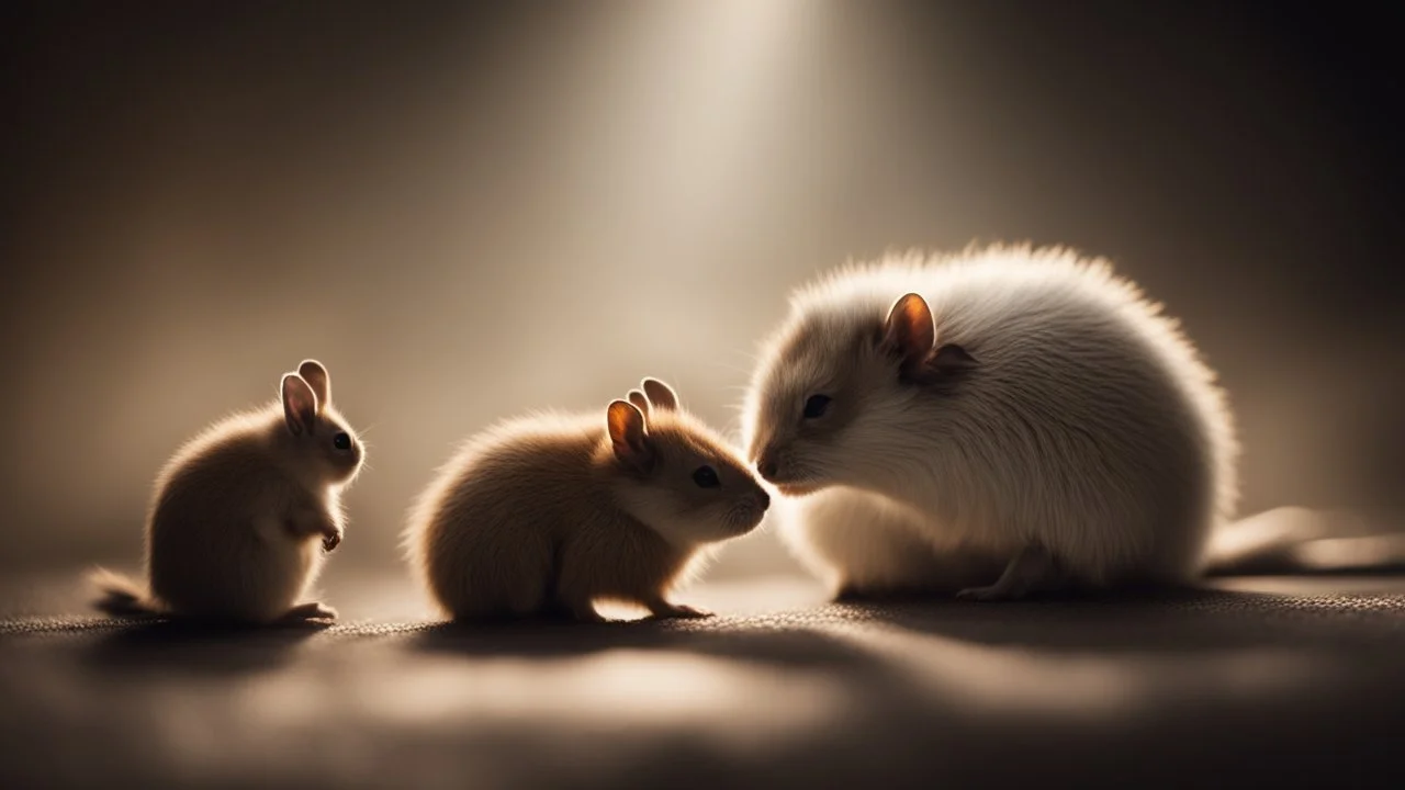 romantic photograph of two small animals in a loving relationship, halo lighting, chiaroscuro, beautiful photo