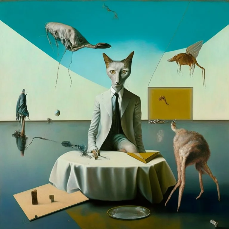 UN conference.a cat and human flesh-like surgical instruments and universe-like a pigeon and neuralink, surrealism,minimalism,Painting By Adrian Ghenie, Rene Magritte, Salvador Dali, Lucian Freud