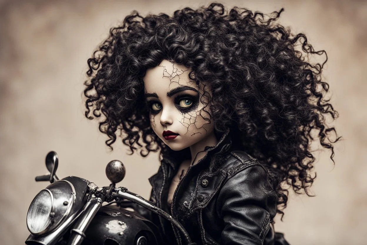 full color, illustration of a dark, menacing, curly haired, black leather clad motorcycle girl, tall and willowy , as a decayed, broken, crude homemade cloth doll toy, with a cracked porcelain face, thick dark eyebrows, hair made from ragged strips of cloth, in the style of Nadya Sheremet