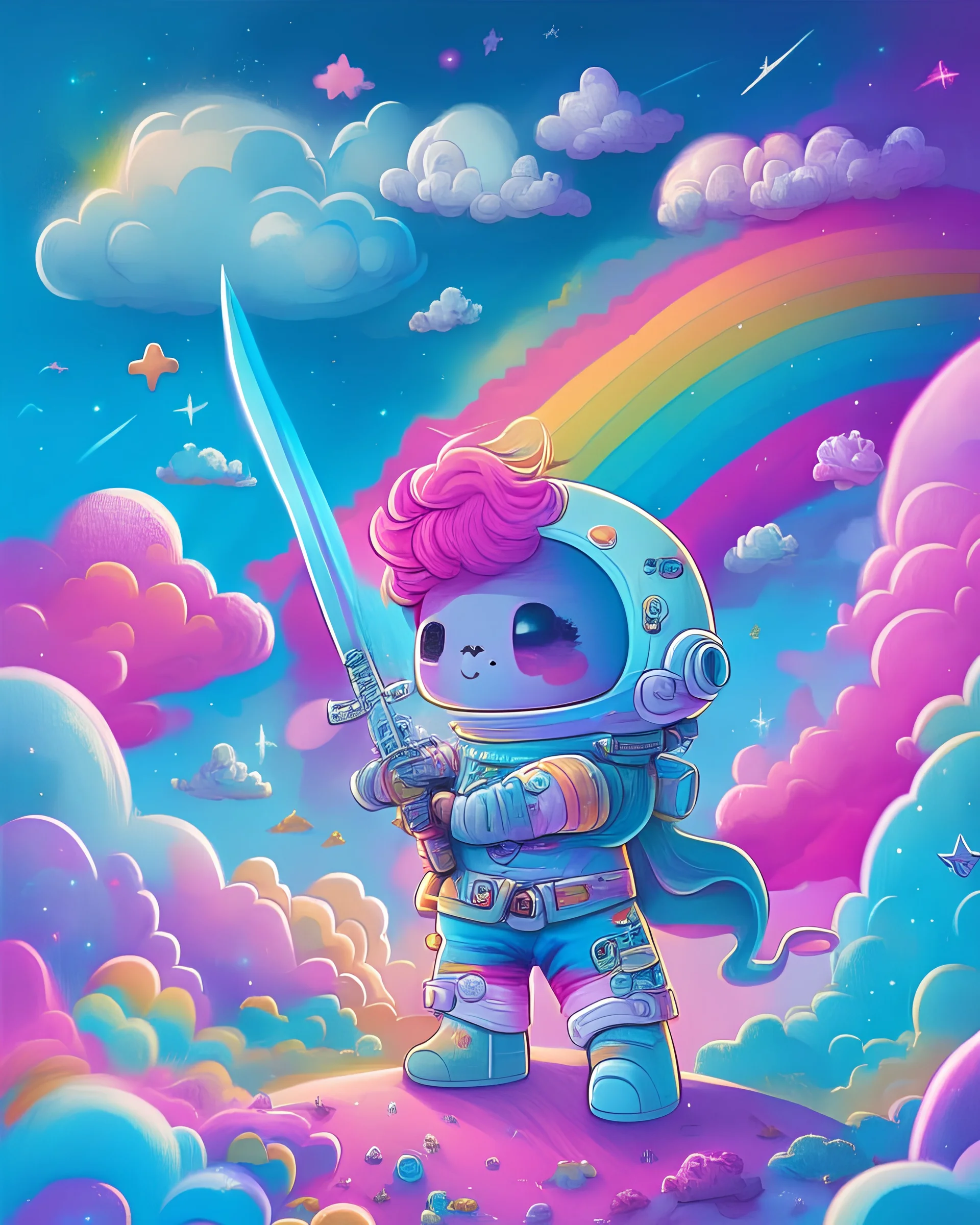 Highly detailed portrait of a cute little astronaut. He has a bright and cheerful color scheme, featuring a mix of pastel blues, pinks, and purples, standing with his arms folded holding a toy sword, surrounded by a swirl of energy. The background is a colorful cartoon landscape, with fluffy clouds and a rainbow. The background is a stark, metallic landscape, with a futuristic cityscape visible in the distance. by atey ghailan, by eduard hopper, by greg tocchini, by james gilleard, grunge aesthe