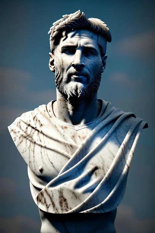 Ultra Realistic image, roman sculpture, white marble material, Lionel Messi, Laurel leaves wreath, miguel angel style, chisel style, emperador, waist up portrait, epic, celestial, cinematic lighting, God light, god rays, 4k resolution, smooth details, ornate details, soft lighting, unreal engine 5, sky and clouds background.