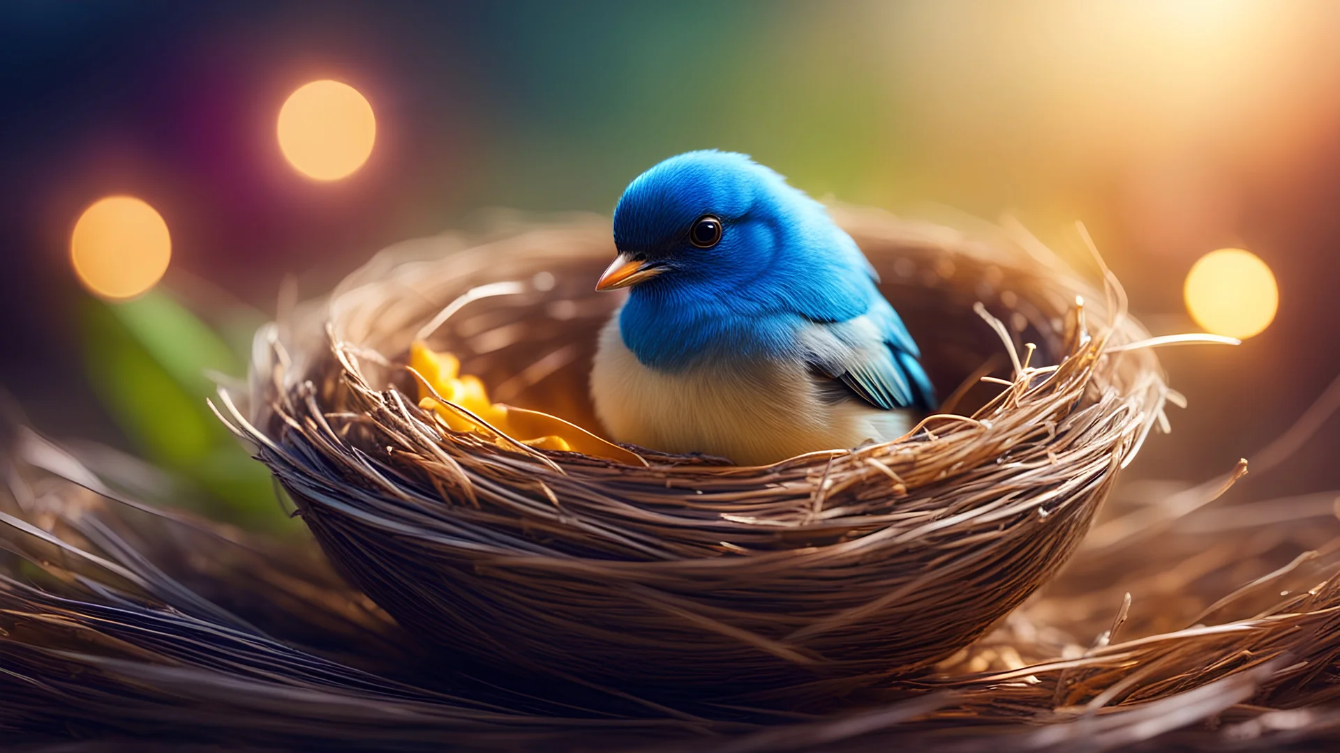 Strange colorful little bird hatching from an egg, in a nest, fantasy, futuristic, exquisite body, striking little head, happy, intelligent, calm, thoughtful, friendly, attractive, beautiful volumetric lighting, attractive composition, photorealistic, bokeh blur, extremely detailed, chiaroscuro