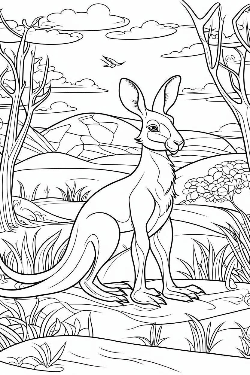 kangaroo in an Outback scene., clean line art, white background, no shadows, well outlined, for kids coloring book, cartoon style.