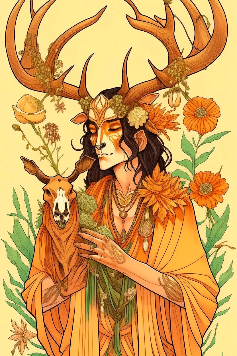 create a drawing for me. a fantasy drawing of a hispanic man with deer skull on his head. he has brown hair and tan skin. he wears peach colored robes and yellow pants with green accessories. he is surrounded by nature and is holding a crow companion. the skull is large and covers the face completely. the deer skull covers his face and the antlers have flowers on them.