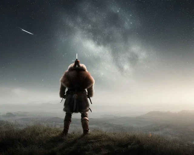 a sad and lonely viking looking up at the stars at night, hyper realistic, 8k, insane detail, atmospheric background, crying eyes, big fur coat, long braided hair, sharp focus, soft background, dynamic lighting, viking helmet, night time