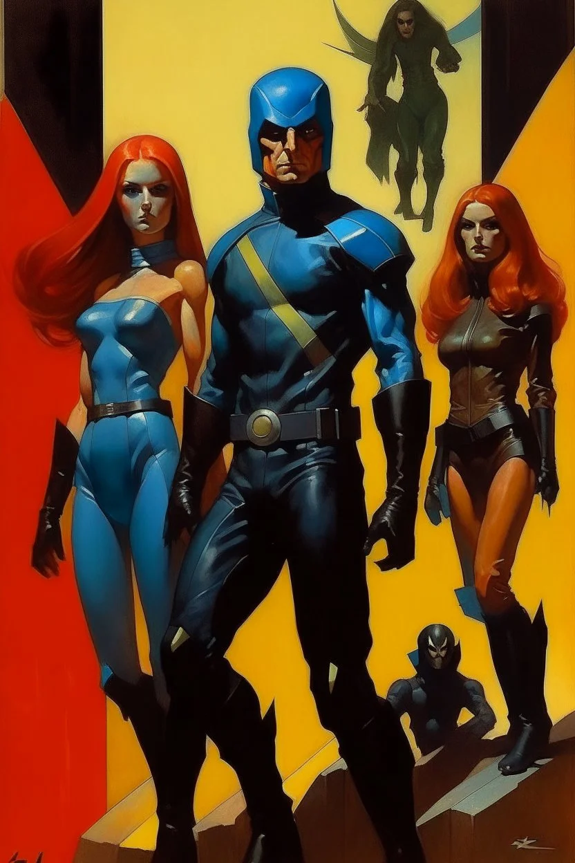 1970's dark fantasy cover dnd style oil painting of an x-men with sport outfits with minimalist far perspective. Magazine.