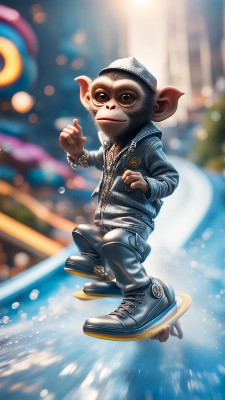 magazine cover, twisted rock star alien gremlin monkey rapper crew with silver boots as a pimp on rocket rushing down heavens water slide,bokeh like f/0.8, tilt-shift lens 8k, high detail, smooth render, down-light, unreal engine, prize winning