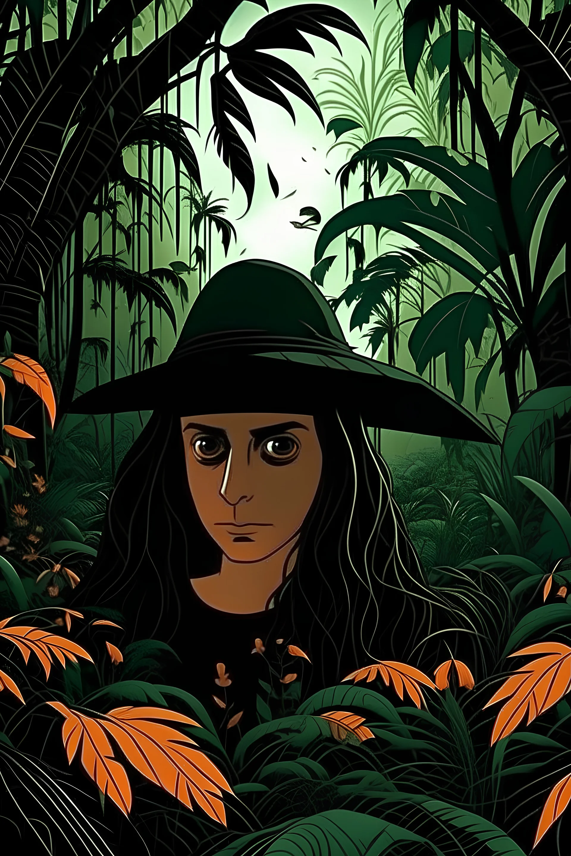 Brujo con fondo de una selva de noche con estilo cuento de terror
