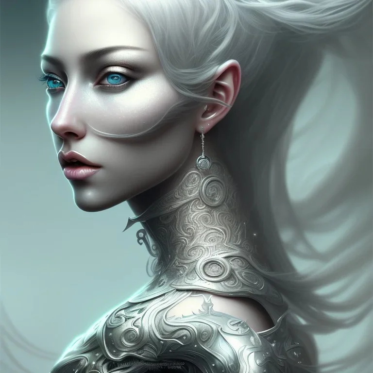 fantasy magic, intricate, sharp focus, illustration, highly detailed, digital painting, concept art, matte, masterpiece head sexy front view black blonde beauty space lady silver carp skin one head blonde space night