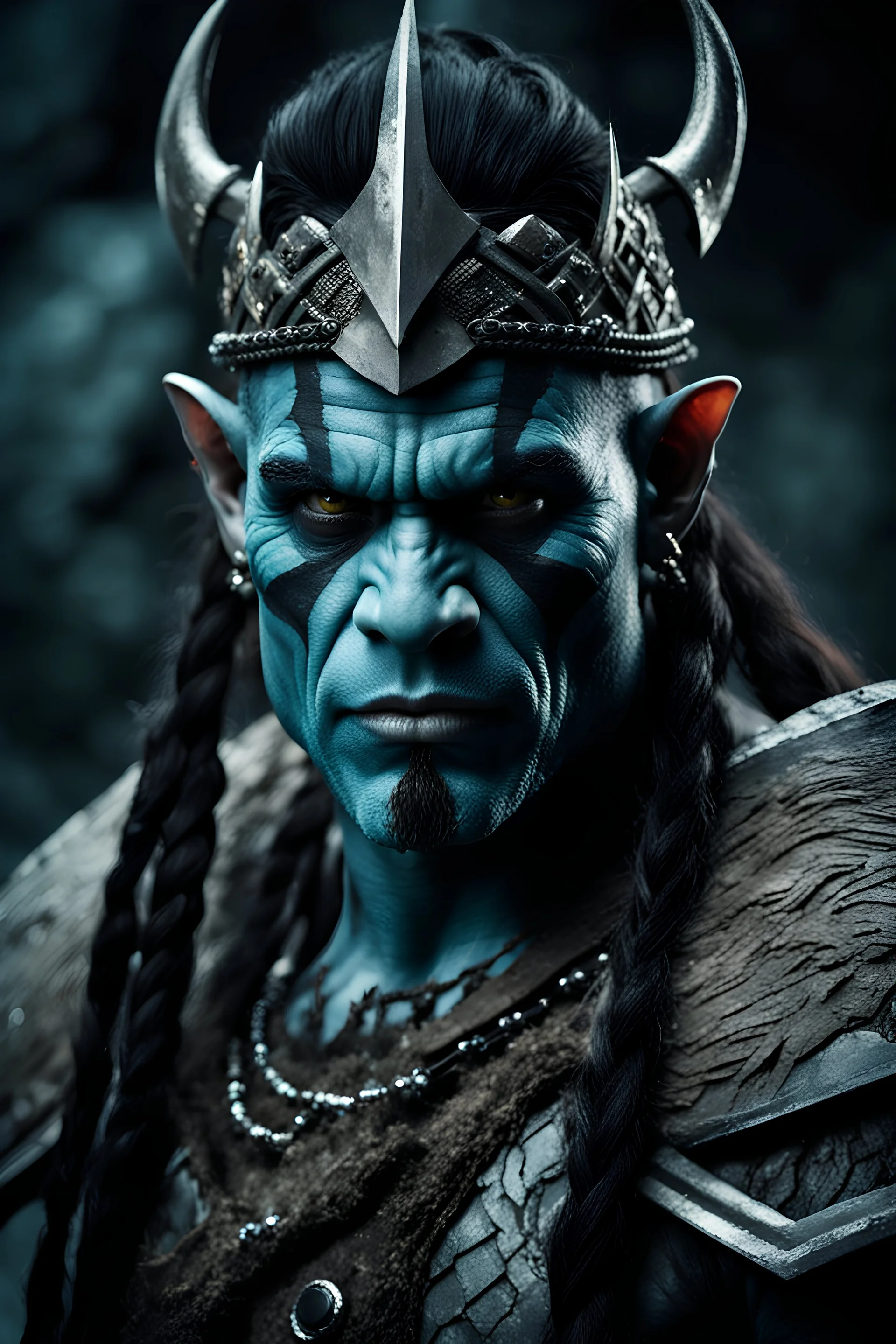 portrait of an orc king with grey skin. Tribal Tattoo. Dark braided hair and ice blue eyes. He's smirking. Half of his head is shaved. wearing jewellery. Carrying a battleaxe. High resolution. 4K. 8K. Dark Fantasy style. Cave in the background