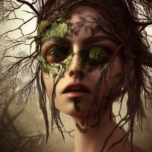 Mysterious girl body of leaves and gnarled branches extending past face and morphing into reality, color tattoo, 8k resolution, high-quality, fine-detail, intricate, digital art, detailed matte, volumetric lighting, illustration, octane render