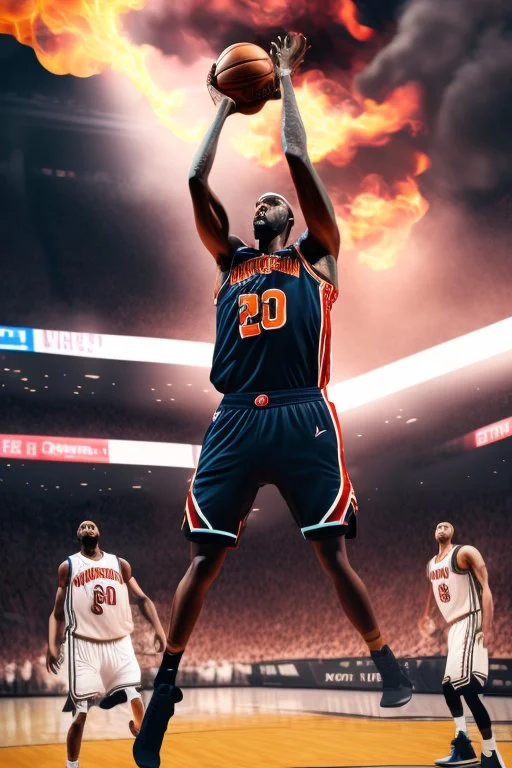 8k, highly realistic and detailed image of a NBA basketball player in action dunking the ball in the net, sweaty hair, screaming look,action and smoke and flames background