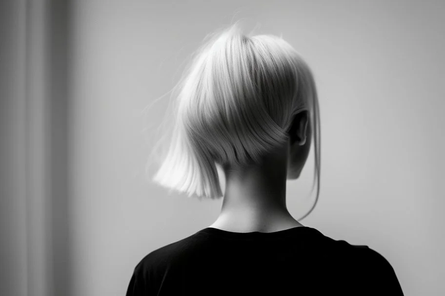 Mujer rubia de espaldas, retrato primer plano., iluminada desde desde el rostro hacia la cára, al estilo de la foto del fotógrafo Hugo Alonso. Imagen en blanco y negro vaporoso