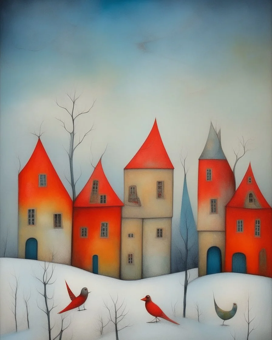 dance of snow-covered, whimsical, multicoloured houses of incredible architecture, bizarre Christmas trees and red, whimsical birds. Style of Inge Shuster, Catherine Hyde, Erica Hopper, Gabriel Pacheco, Jamie Heiden, Antoine Josse , Angelina Wrona, Duy Huyn, Cecilia Frigati, Esao Andrews. Abstract background with texture, grunge paper, mixed media art,acrylic, oil pastel, set of charcoal with different characteristics, pigments. Promt©valestok. Full size image, no text, no copyright. Modifiers: