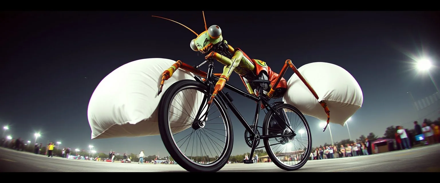 pinhole cam, airbrush 3d rendering, cyberpunk robot The Mantis Pillow Fighter 🦗🥊 A bizarre upright bicycle-creature, front wheel replaced by articulated mantis-like arms carrying enormous inflatable pillows, looking far too serious about complying with official pillow-fighting regulations.