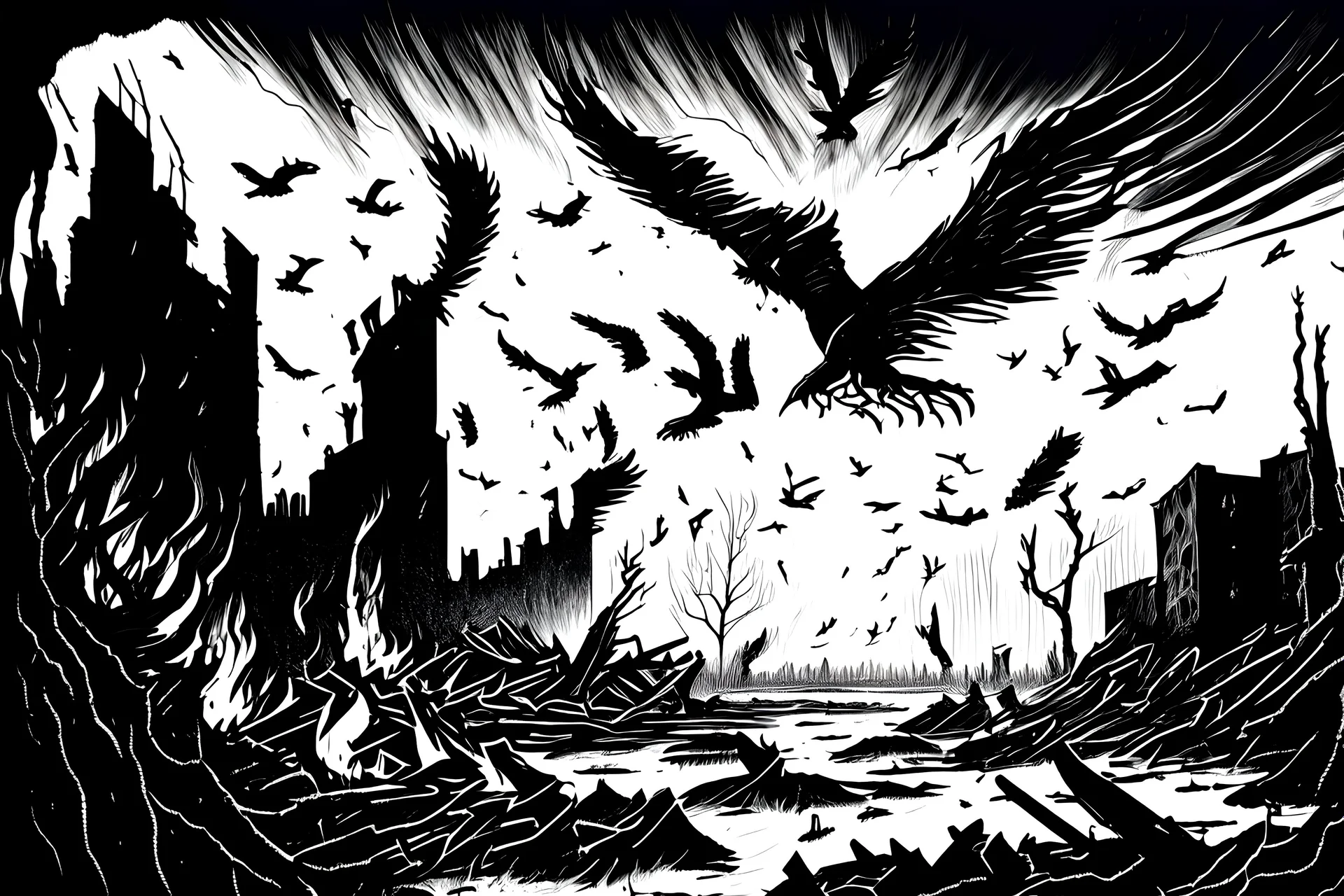 black and white line drawing captures a mysterious landscape. In the distance, a forest burns with towering flames that reach into the skies, while fiery burning birds soar across the apocalyptic horizon. Earthly creatures are in a frenzy, fleeing towards an unknown horizon as they seek refuge from the unfolding chaos. Amongst the desolation, ruins of buildings stand as silent witnesses to the calamity. To the right, bewildered crowds of people gather, their faces reflecting fear and uncertainty