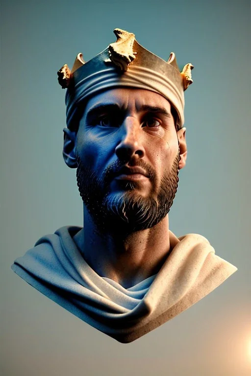 Ultra Realistic image, Roman sculpture, white marble material, Lionel Messi, gold crown of natural thorns, god crown, Renaissance style, sun rays background, waist up portrait, epic, celestial, cinematic lighting, God lights, 4k resolution, smooth details, soft lighting, unreal engine 5, art station, substance 3d.