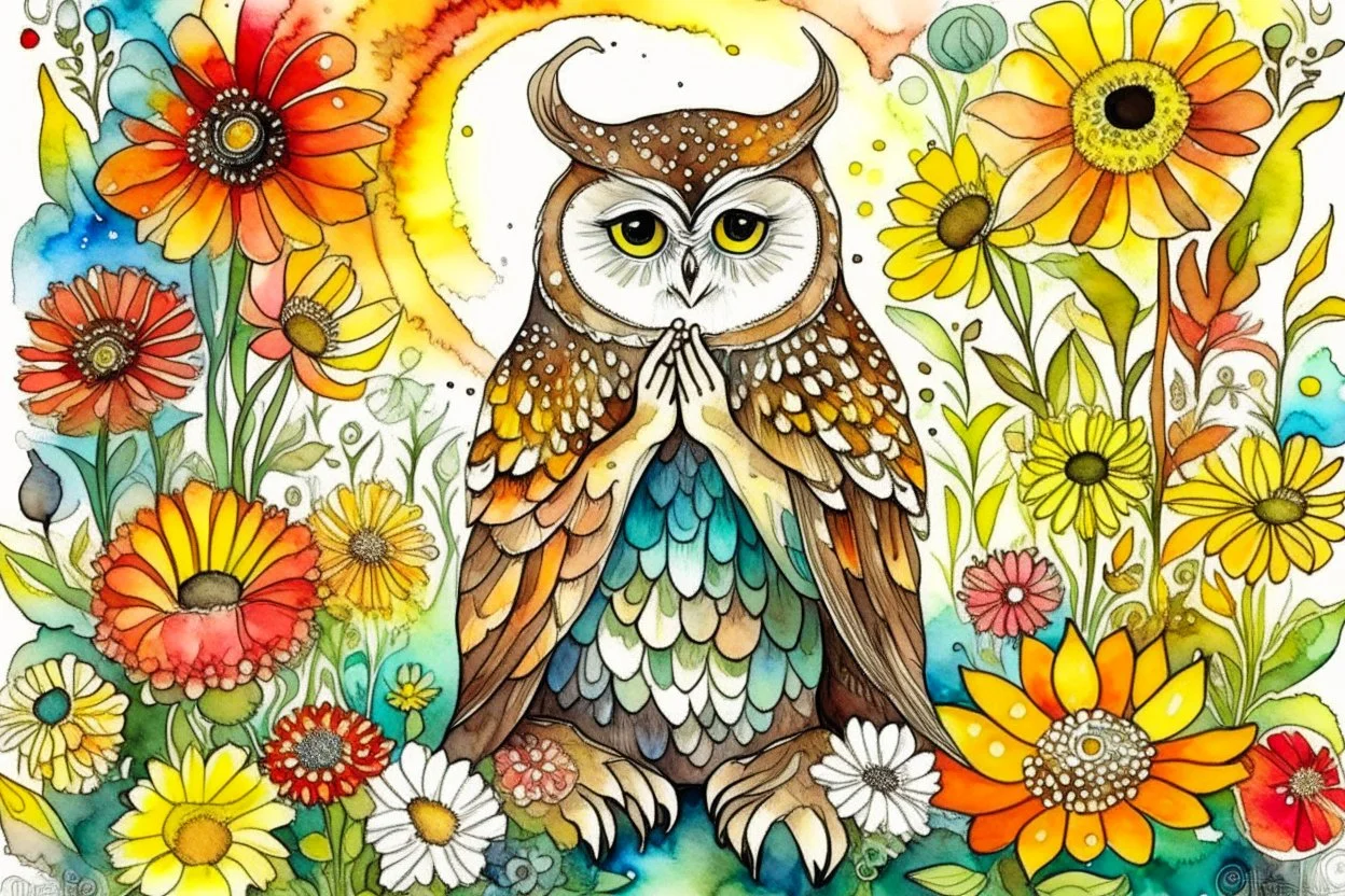 thankful praying owl girl in flowergarden in sunshine, watercolor and ink