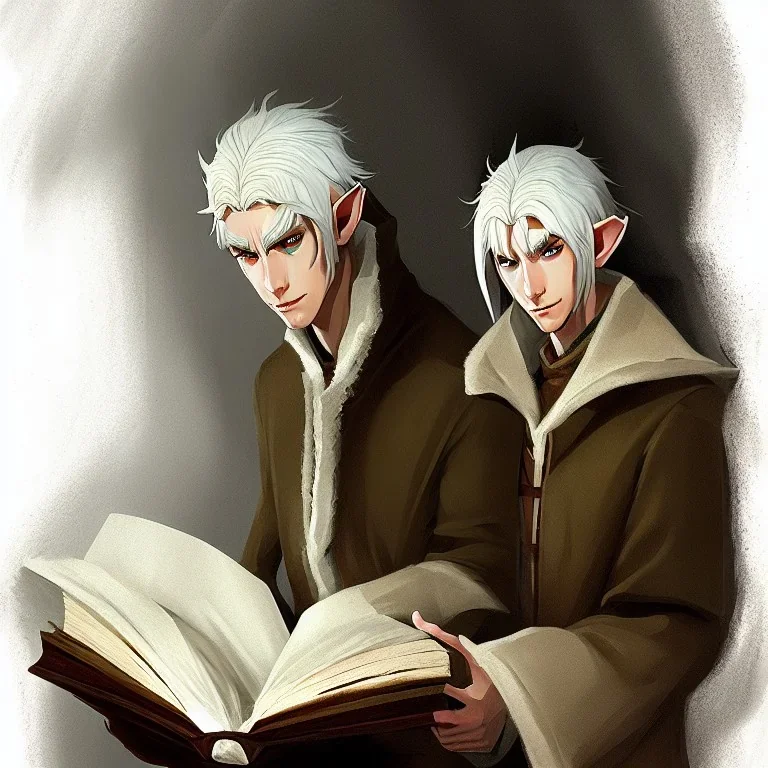 portrait of friendly elf with white hair in beige coat reading a large book, fantasy character art, concept art, somber, gloomy lighting, 3d concept art, stylized