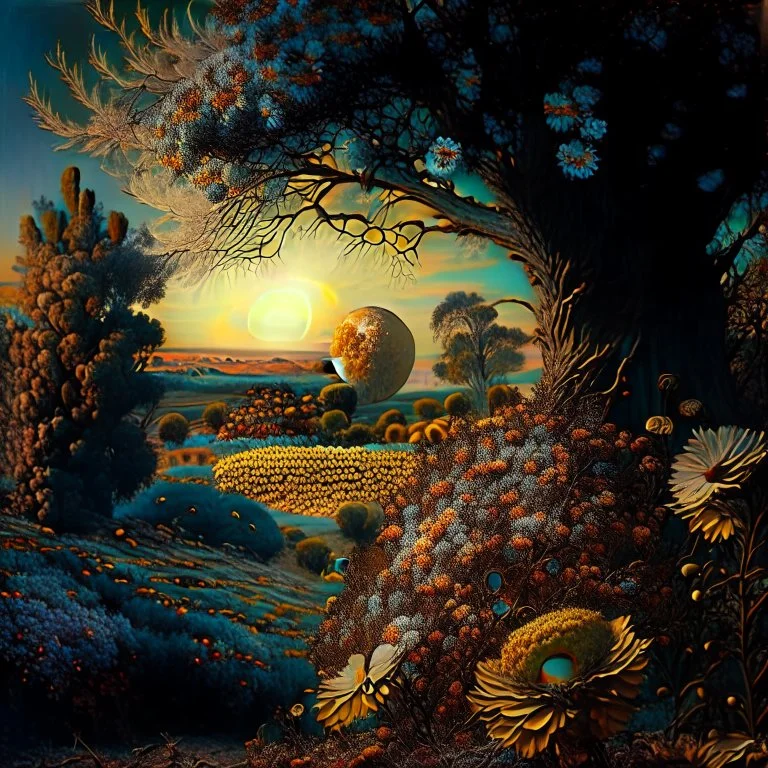 High definition photography of a marvelous landscape, trees, flowers, sun, intricate, atmosphere of a Max Ernst painting, thoughtful, interesting, a bit appalling