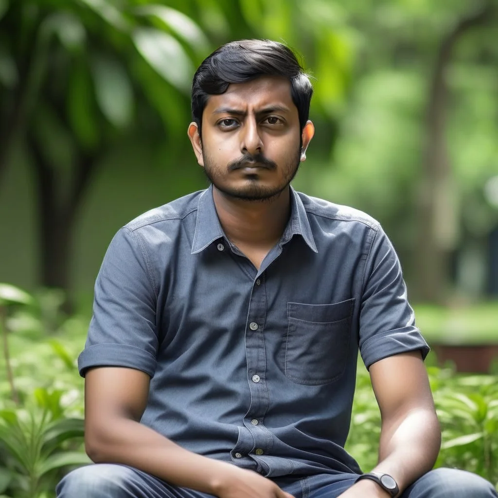 an 30 year old indian man, oval face, white skin, wearing shirt and jeans, sitting in a garden, peaceful, front face portrait, short hair, slightly muscular built, handsome