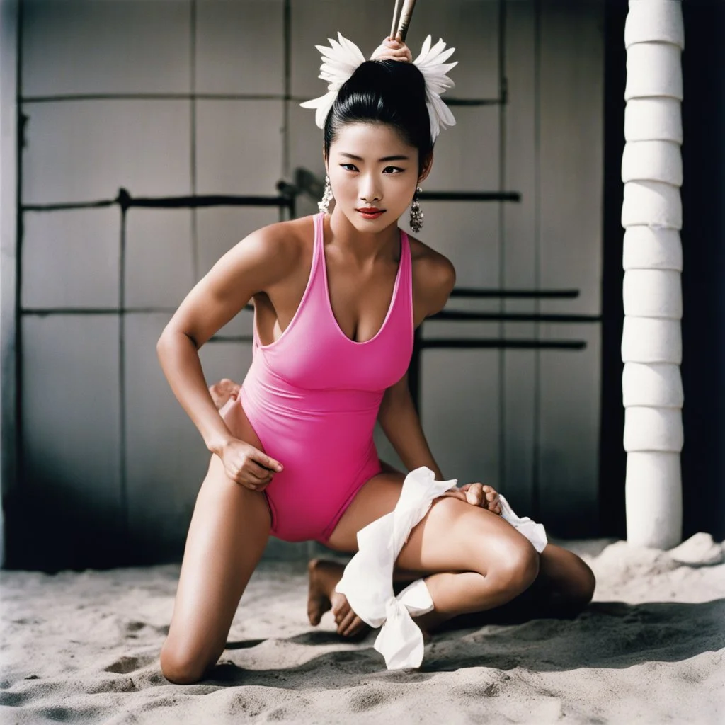 [photo by helmut newton] A surprised Nomadic samurai woman, 24-years-old wearing a pink one-piece swimsuit , poised on hands and knees, there lay pull-up diapers, innocently waiting to serve her purpose. a flicker of curiosity dancing in her eyes. With a sly smile, she reached out to touch the soft, pliable material, her room in the background, vintage 1980's photo