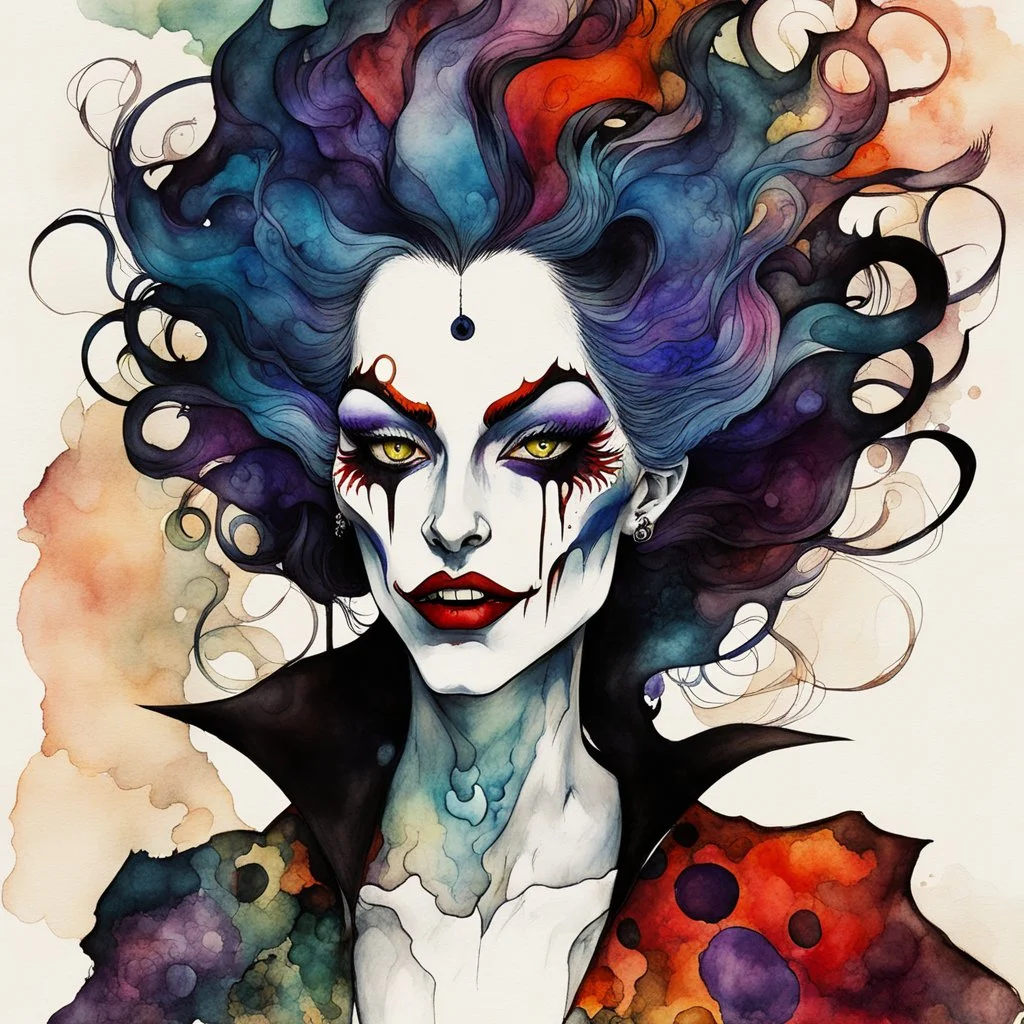 highly surreal abstract expressionist, digital ink wash and watercolor, full body, caricature illustration by Egon Schiele of a psychedelic vampire sorceress with highly detailed hair and facial features, overly exaggerated mouth, thick lips, manga inspired, vibrant natural color palette, , unusual colors, trippy, inspired by Cruella Deville