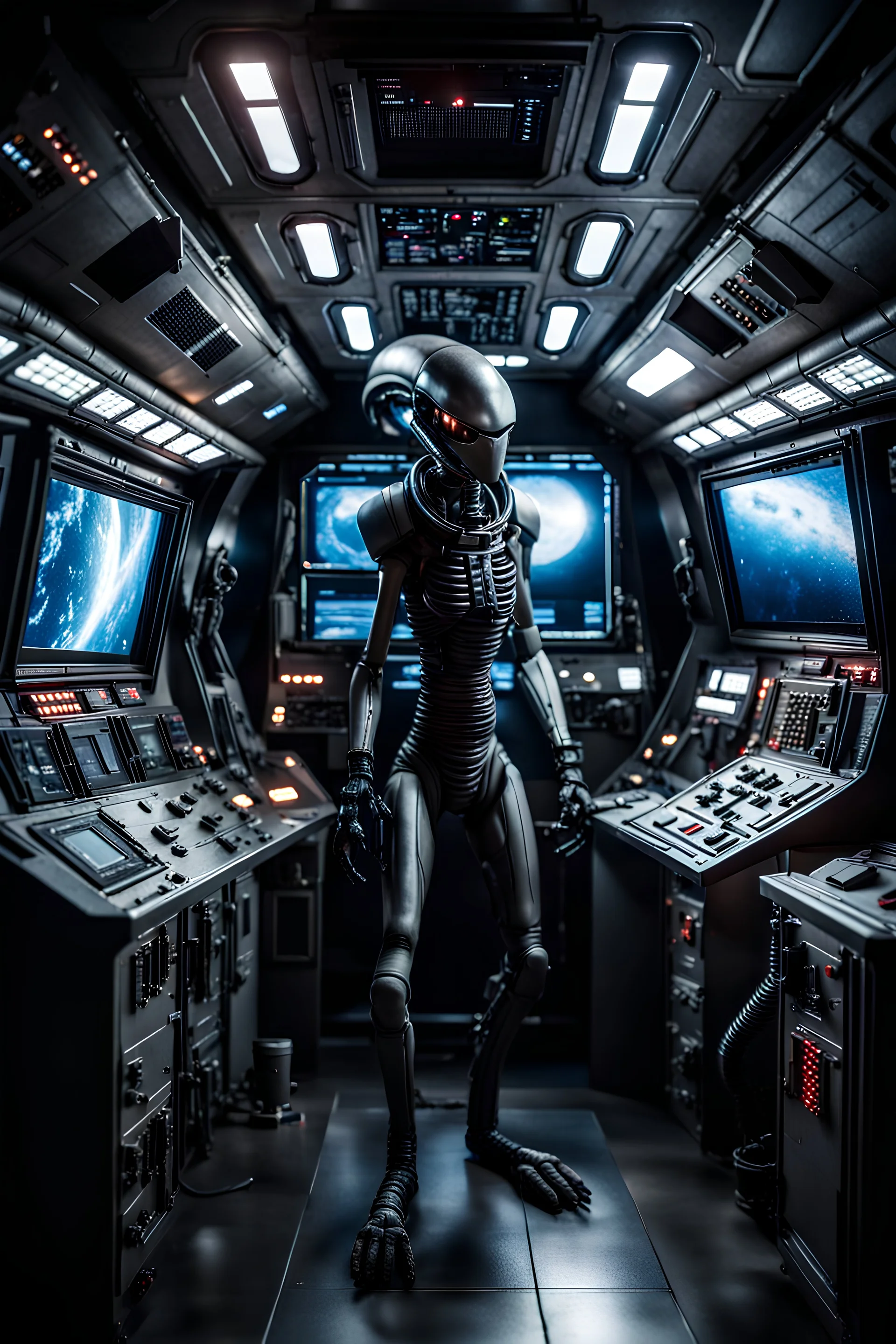 super Realistic photography, High EV, intense and strong lighting of the interior space of the command post of the space rocket, a Xenomorph, standing wide in battle mode