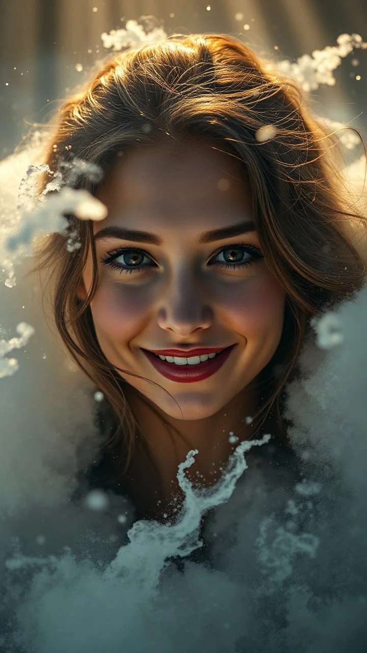 A beautiful eyes of a woman’s smiling? emerges from the heart of a raging storm. Turbulent winds of steam swirl around the louds lit by shafts of sunlight that cast dramatic shadows on the A beautiful woman High quality 16k cinematic scene and great photography