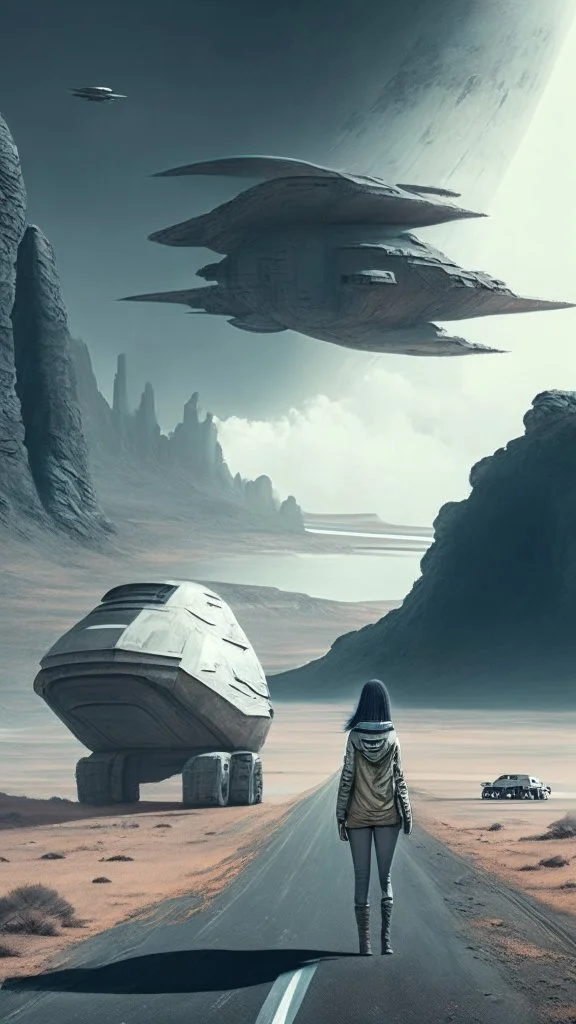 road with sci-fi landscape and woman looking at grey cargo spaceship