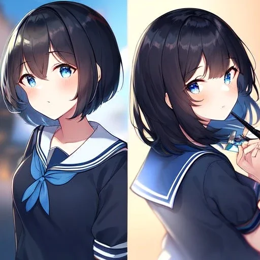 Clear focus,High resolution, Black short fluffy hair, and blue eyes, wearing a sailor uniform, must wear a short skirt, Holding a knife, blushing