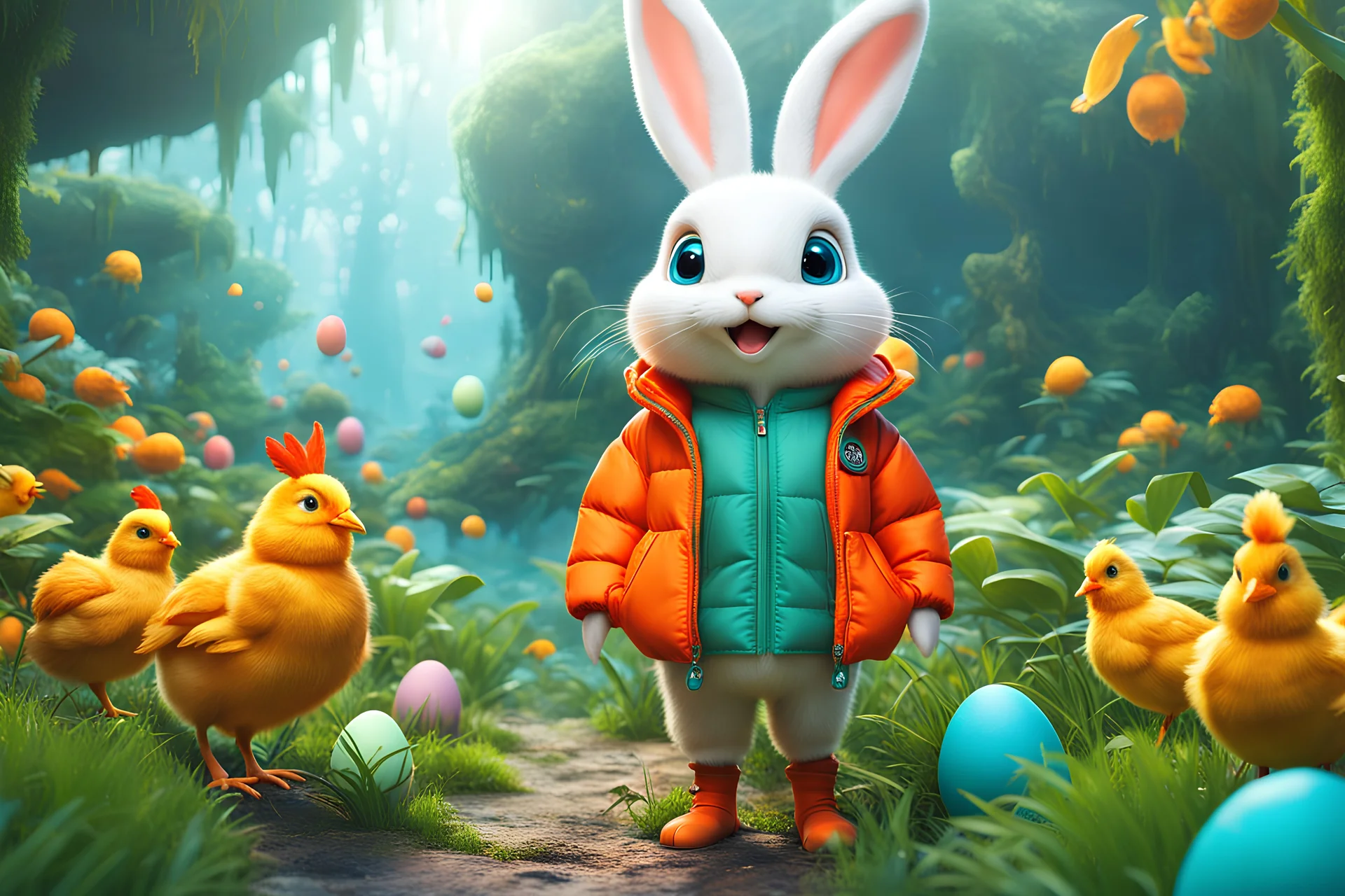 easter holidays, pixar art style of cute pixie smiling bunny with large eyes, little chicken, full body, fresh orange puffer jacket, Starwars factory backdrop, by mobeius, large eastern eggs, in the garden of Eden, stylized vegetation, turquoise water ground-level view, foggy atmosphere, hyper detailed, digital art, trending in artstation, cinematic lighting, unreal engine 5 rendered, octane rendered