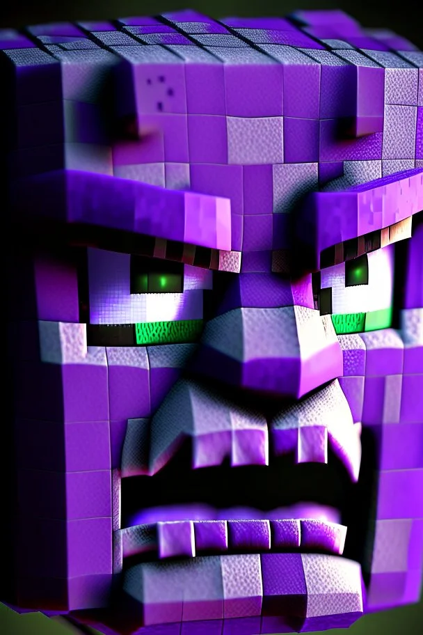 a close-up portrait of a purple Minecraft face, angry,3d, large pixel style