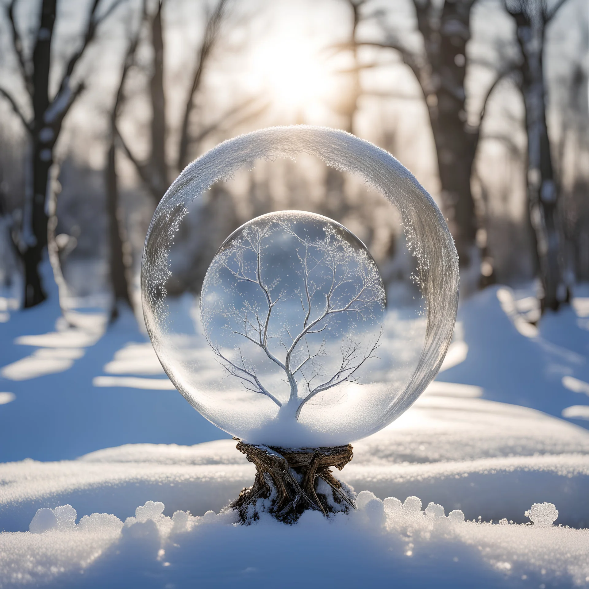 Frozen bubble in front of a snowy landscape, the bubble has wonderful icecrystals and the sun is shining, frozen, cold outside, swirley golden and silver lines, beads and pearls cover a tre trunk in the background