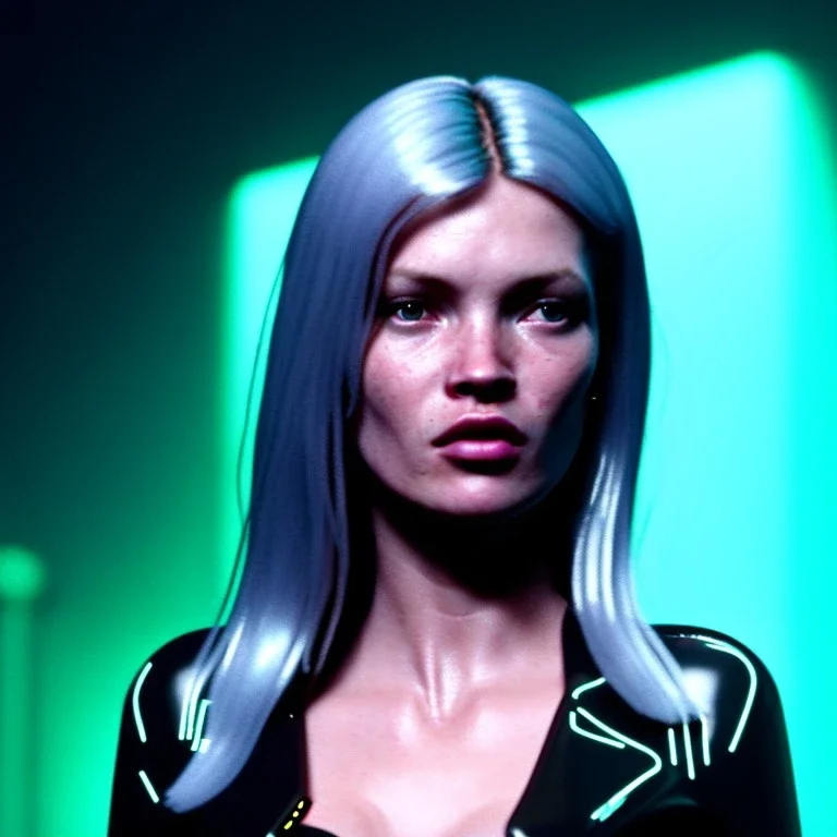 young kate moss, sweet blonde replicant woman, blade runner style, rain, fog, neon ambient, gradient color, clean skin, circuits, latex coat, cyber punk, neon, tubes, portrait, studio photo, unreal engine 5, smooth color, 16 bit, god lights, ray tracing, RTX, lumen lighting, ultra deatail, volumetric lighting, 3d, finely drawn, hd.