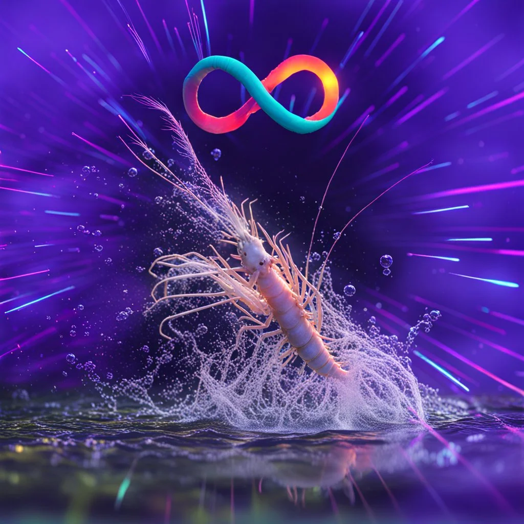 infinity symbol ∞ with vibrant powerful single prawn coming out of the water, striking, neon, chiaroscuro, dramatic, captivating, powerful, fantasy, beautiful, octane render, 16k post-production, artstation: award-winning: atmospheric: commanding: fantastical: clarity: ultra quality: striking: brilliance: stunning colors: amazing depth; lens: f/11, 35mm