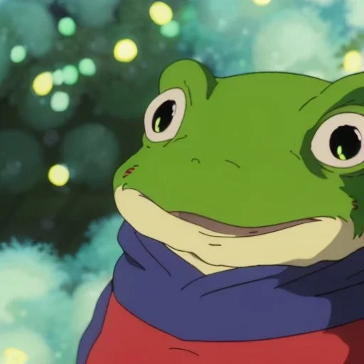 A green frog smiling, wearing blue work overalls. Night. Colorful market at night. Christmas lights. Japanese lanterns. Fire. Bokeh, fisheye.