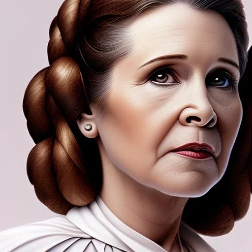 extremely detailed 8k hyperspace wallpaper,complete and photo realistic detailed head to waist stunning photo realistic portrait of carrie fisher as Princess Leia in star wars with photo realistic fine but simple hair, brown eyes, professional majestic photo realistic painting by Ed Blinkey, Atey Ghailan, by Jeremy Mann, Greg Manchess, Antonio Moro, trending on ArtStation, Intricate, High Detail, Sharp focus, dramatic, by greg rutkowski, realism, beautiful and detailed lighting,