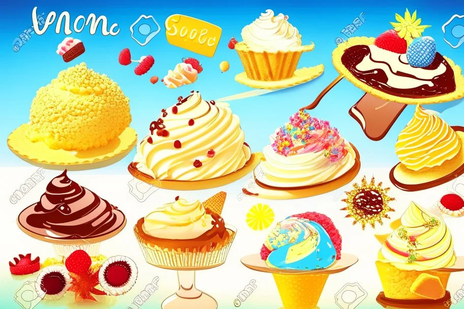 desserts in sunshine: ice cream sundaes, cakes, chocolates, macarons, floss candy, cookies, biscuits