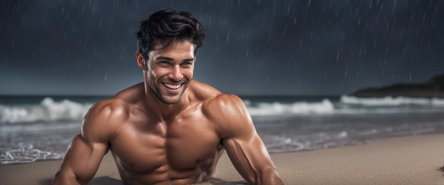 Hyper realistic very handsome shirtless muscular short black hair man smiling & lying down on a beach wearing tight shorts at rainy night