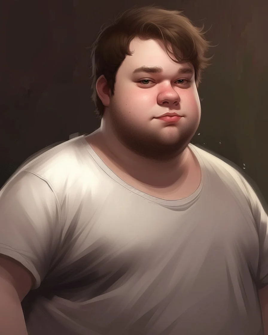 Portrait d'un jeune homme, ultra obèse; cheveux bruns et teint blanc, porte un tutu blanc et une petite chemise . HD portrait, Artstation