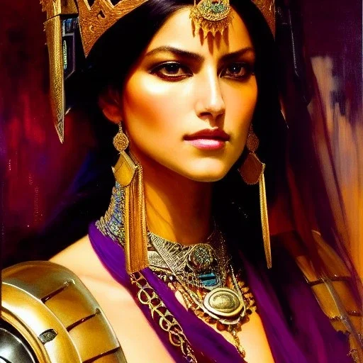 portrait beautiful face queen of Sheba ,busty,medieval metal armor balanciaga fashion clothe painting by gaston bussiere, greg rutkowski, yoji shinkawa, yoshitaka amano, tsutomu nihei, donato giancola, tim hildebrandt, oil on canvas, cinematic composition, extreme detail,fit full head inside picture