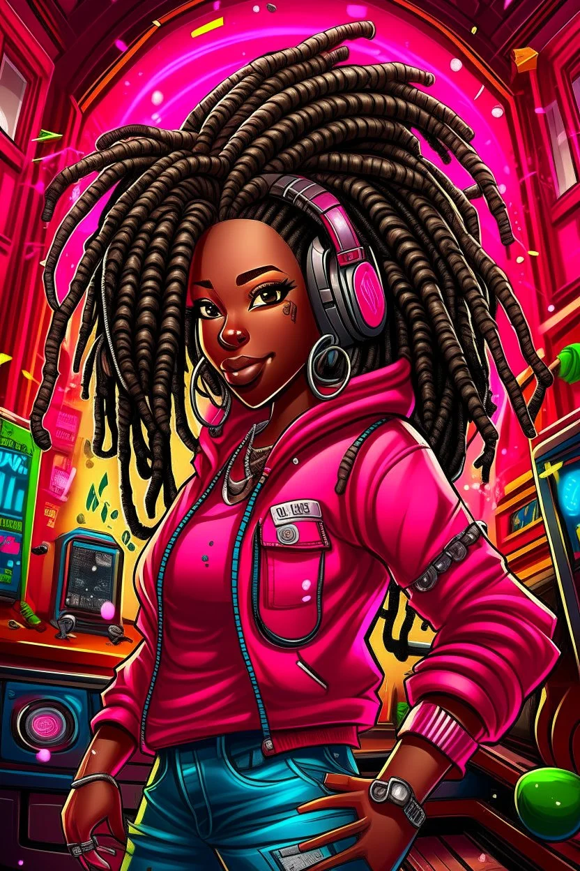 Create a digital airbrush cartoon of a curvy African American female wearing a hot pink jean outfit with timberland boots. Prominent make up with hazel eyes. She is wearing large diamond hoop earrings. Extremely highly detailed very long dread locs hair that shines. Background of a night club.