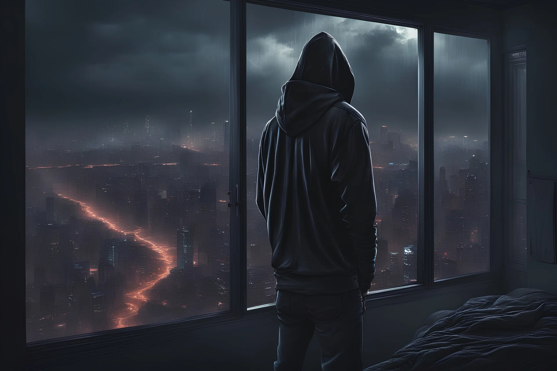 A man in hoodie , seeing the city through the window, beautiful cozy bedroom with floor to ceiling glass windows overlooking a cyberpunk Indian city at night, thunderstorm outside with torrential rain, detailed, high resolution, photorrealistic, dark, gloomy, moody aesthetic